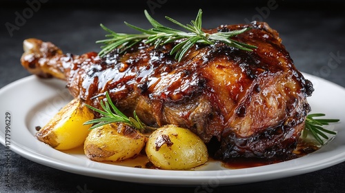 Fototapeta Naklejka Na Ścianę i Meble -  Savor a culinary delight with tender meat glazed to perfection, served alongside golden potatoes and garnished with fresh rosemary. A flavorful and satisfying meal!