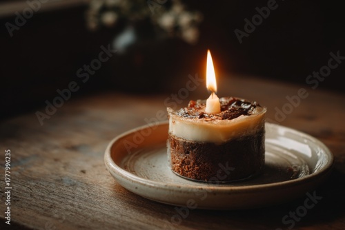 Close up of a lit white candle placed on a brown cake with white icing, sitting on a tan ceramic plate