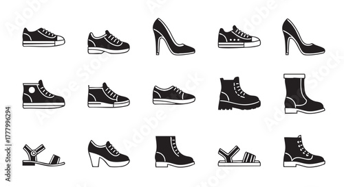 Variety of Footwear Icons Black and White Illustration Template Graphic
