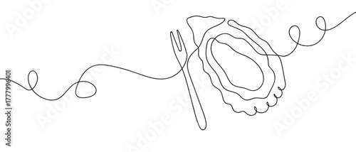 Fork and oyster, one continuous line single line art drawing vector illustration Editable stroke.