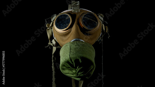 Hungarian 67M Cold War Gas Mask with Brass Eyepieces, . Used by Hungary’s Polgári Védelem during the 1960s–1970s, on Black Background