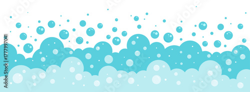 Foam bubble background. Soap water pattern, cartoon bath or soda. Laundry border, fizz or wash frame. Abstract carbonated, blue suds splash, underwater or sea liquid. Hygiene bg. Vector illustration