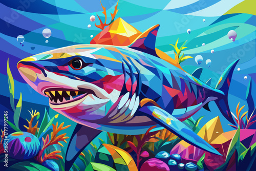 Colorful shark painting canvas art prints, modern ocean animal wall art for contemporary home decor, vibrant sea life illustration, and unique aquatic wildlife artwork design.