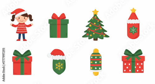 Cute girl with Christmas gifts and decorations in festive style isolated on white background. 