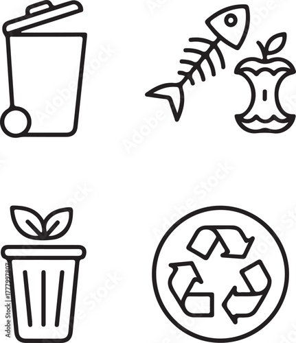 Minimalist ecology and recycling line icons: garbage bin, apple core, fish bone, compost, and universal circular chasing arrows symbol.