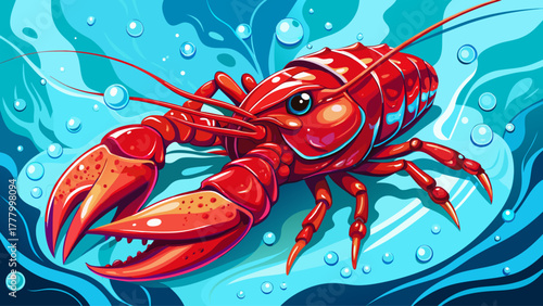 Close-up of a vibrant red crawfish covered in glistening water droplets. Showcase culinary arts, seafood markets, or Southern cooking themes.
