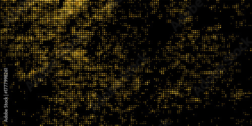 Vector halftone gold dots gradient diagonal tilt on black. Abstract dotted pattern with tonal gradation.