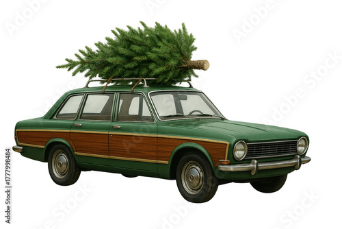 Vintage station wagon carrying a christmas tree on its roof rack, preparing for winter holiday celebrations