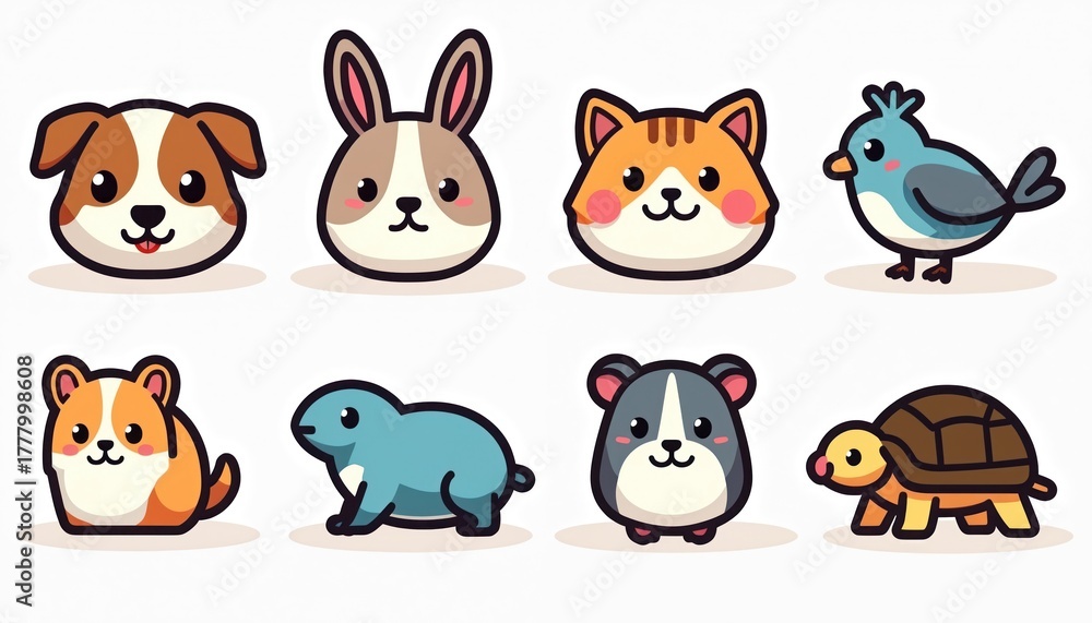 Obraz premium Illustration features set of adorable cartoon pet animals. Depicted dog rabbit cat bird hamster turtle, cute animals. Colorful simplified designs great for kids pet-related projects.