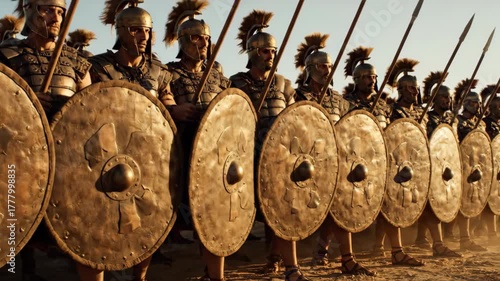 Roman or Greek soldiers marching in formation on dusty ground at high noon, historical reenactment for film footage.