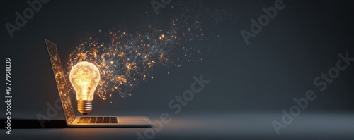 Glowing light bulb emerges from laptop emitting sparks and smoke.