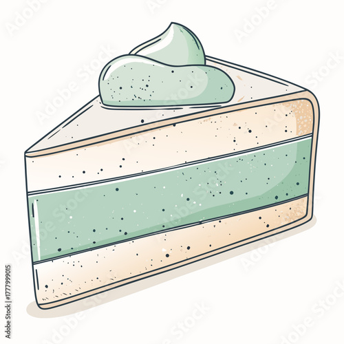Slice of mint cake with whipped cream on top in pastel colors  