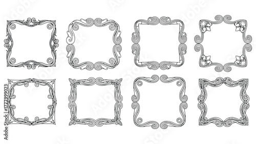 Collection of eight ornate vintage decorative frames and borders with intricate floral scrollwork designs