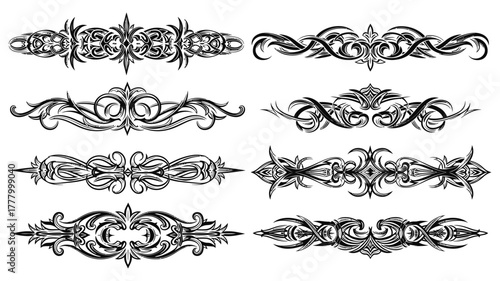 Collection of eight ornate black and white decorative flourishes and dividers with intricate scrollwork and floral elements