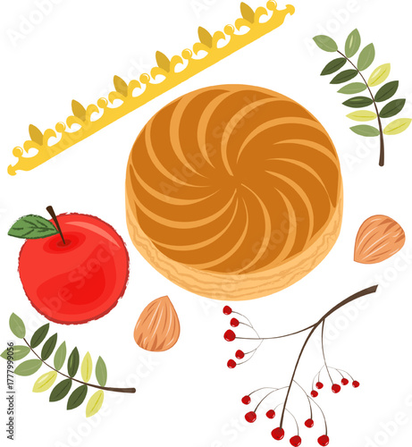  Vector illustration of Galette des Rois with golden crown, apple, almond, and festive foliage. Perfect for Epiphany celebration, bakery packaging, greeting cards, and French tradition design.