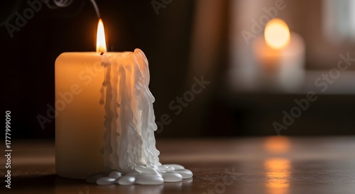 White candle melting on wooden table with warm background light  