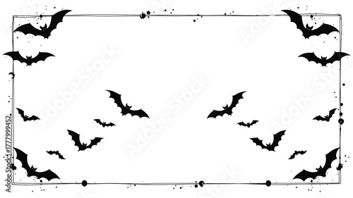 Spooky halloween border with flying bats in a distressed vintage frame design