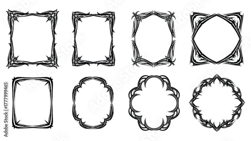 Collection of eight ornate black and white decorative frames with intricate swirling designs and varied shapes