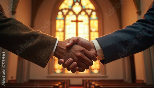 Two people of different races shake hands inside religious building. Gesture shows unity, respect, mutual understanding. Beautiful stained glass window with cross design dominates background. Action