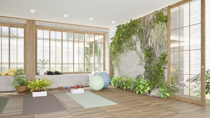 Fotobehang Fitness Lichte yogastudio met houten vloer  © Christiniush