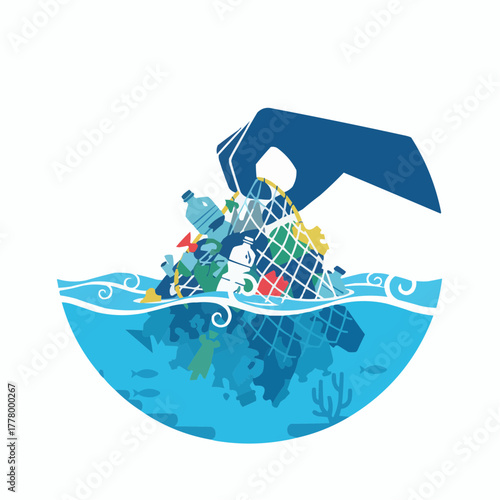 Hand picking up trash from the ocean to illustrate environmental cleanup