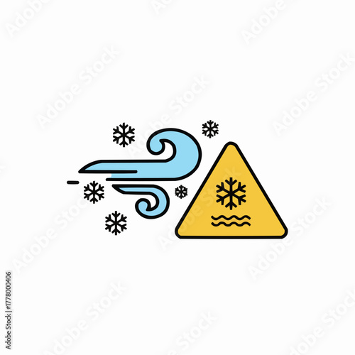 Illustration of a windy and snowy weather warning sign on a white background