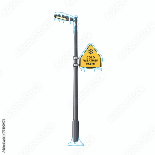 A street lamp with a cold weather alert sign covered in snow and ice detail