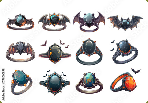 Set of vector illustration of gothic rings with dark gemstones, bats and ornate details, isolated on a white background