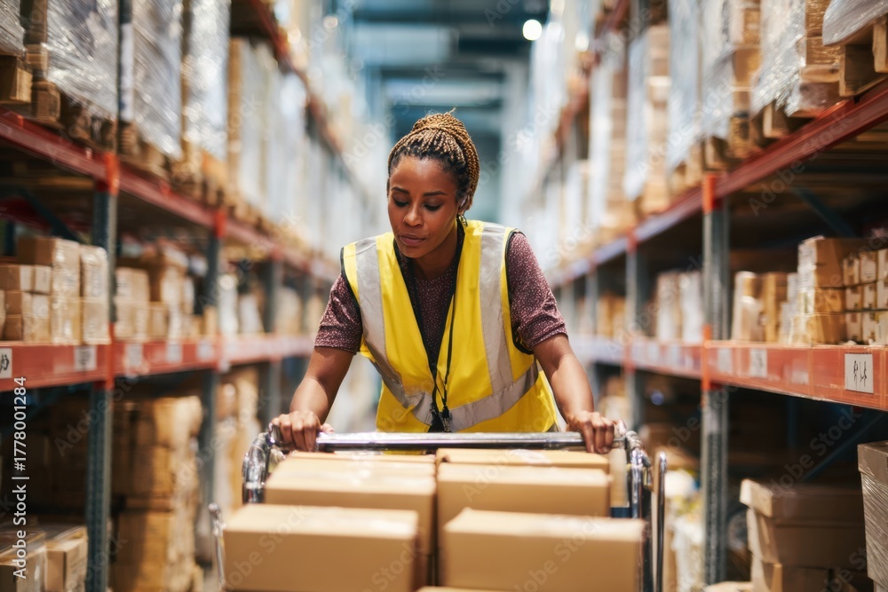 Obraz premium Young African woman pushing a cart full of boxes in a warehouse storage facility