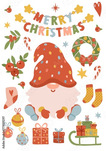A cute Christmas clipart set featuring a gnome, socks, mistletoe, wreath, gifts and holiday elements. Merry Christmas set. Perfect for greeting cards, invitations, posters, and festive designs