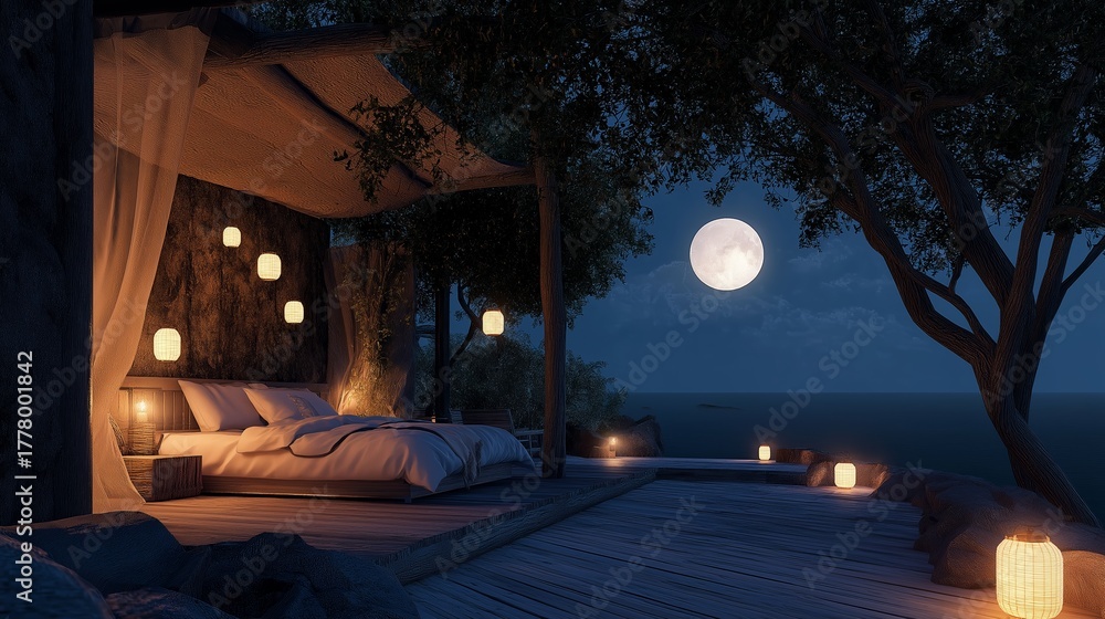 Fototapeta premium Open air canopy bed on wooden deck at night with full moon and ocean view