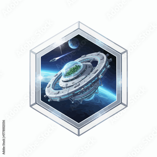 Illustration of a futuristic space station orbiting a blue and white planet