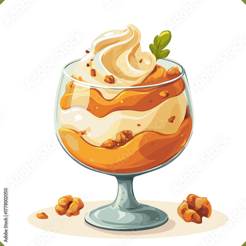 Vector illustration of a layered pumpkin trifle dessert with whipped cream, granola, isolated on a white background. Vector illustration of fruit autumn dessert