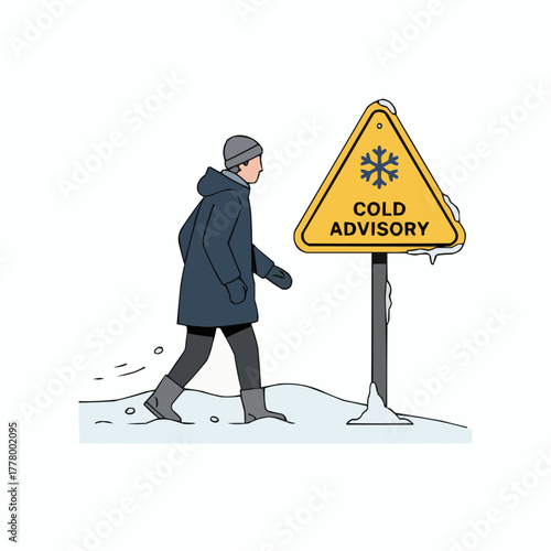 Person walking past a cold advisory sign in a snowy winter landscape scene