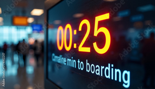 Information display showing remaining time, twenty five minutes until boarding, at airport. Remaining time alerts traveler of flight details and gate information for on time arrival.