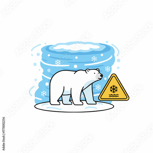 Polar bear on ice floe with melting warning sign and snowy background scene