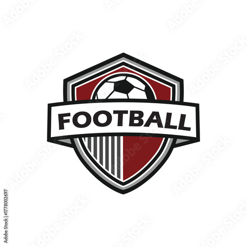Football Emblem Logo Template, football shield logo, soccer emblem vector, black red sports branding, striped crest design, soccer ball icon, athletic logo, football club badge, modern team logo, 