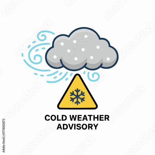 Cartoon depiction of a cold weather advisory with cloud and snowflake sign