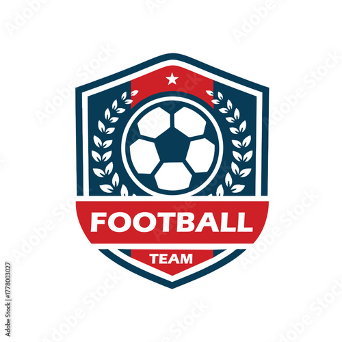 Football Team Logo Template, football team logo, red white blue logo, bold football branding, soccer star and banner icon, shield sports branding, club badge logo, soccer tournament crest