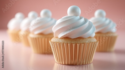 Cartoon cupcakes with swirled frosting on a pink background, showcasing a minimal sweet pattern and vibrant colors for delightful visual appeal