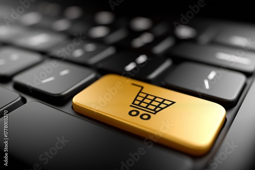 Close-up of a computer keyboard featuring a prominent golden shopping cart button, symbolizing online shopping and digital commerce trends