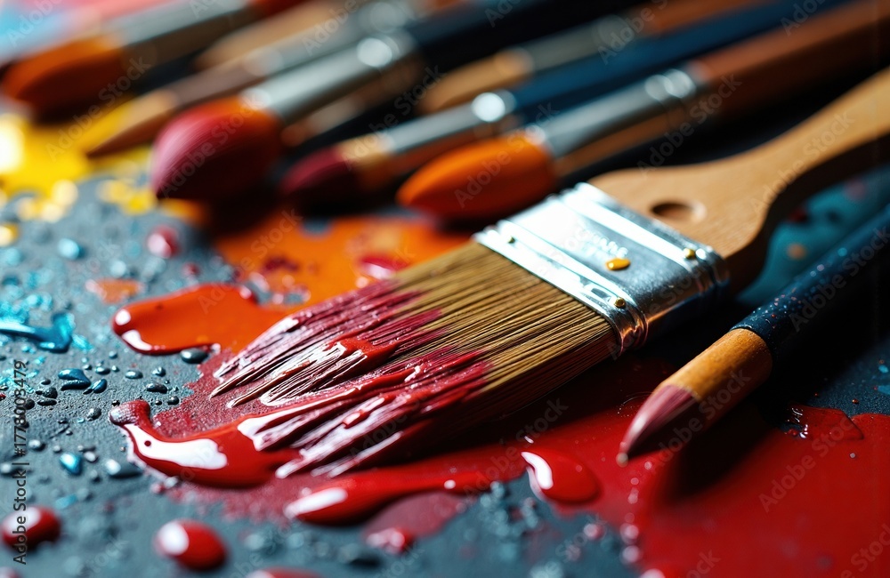 Fototapeta premium Colorful paintbrushes and splattered paint on a surface create an artistic and creative scene