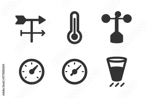Weather icons collection: wind, thermometer, anemometer, barometer, rain gauge.