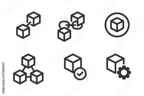 Blockchain technology icons for network and data management.