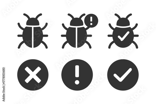 Bug icons with check and exclamation marks for error and security indication.