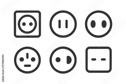 Variety of electrical outlets and plug icons from different regions.