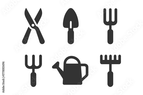 Gardening tools icons: shears, trowel, fork, watering can, rake.