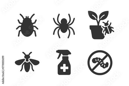 Pest control symbols: bug, spider, insecticide, no pests, plant safety.