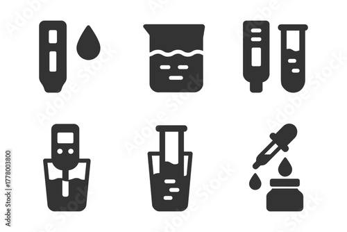 Chemical lab equipment icons: beaker, test tubes, dropper.