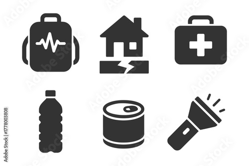 Essential emergency supplies icons: backpack, house, first aid kit, water bottle, canned food, flashlight.